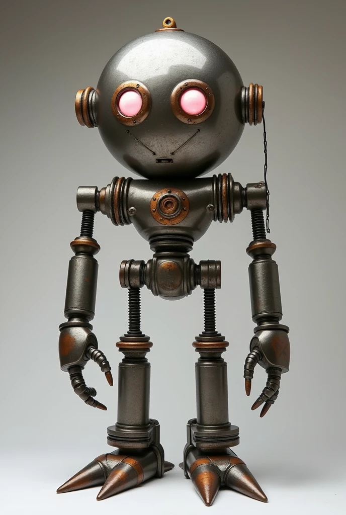   Mechanical object inspired by Margerite, a plant with a round metallic head shaped like a Marguerite, steel-pointed arms, a spherical metal body with disappointed marguerite eyes, light pink eyes, metal-pointed feet with disappointed marguerite symbols. 

