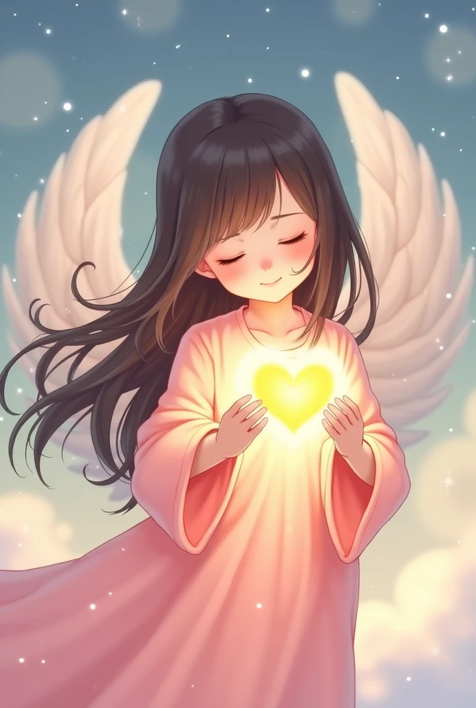 Cute drawing of an angel with rose-colored robes, dark hair, and fair skin holding a heart 