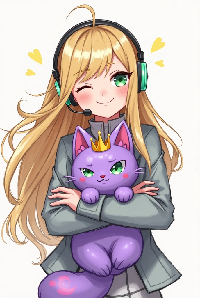 Personnage animé aux cheveux blond et longs avec un casque gaming qui fait un clin d œil avec les yeux vert qui porte dans ses bras yuumi qui est violette avec une couronne dore sur la tete du jeu vidéo League of legends le tout doit etre en mode esquisse