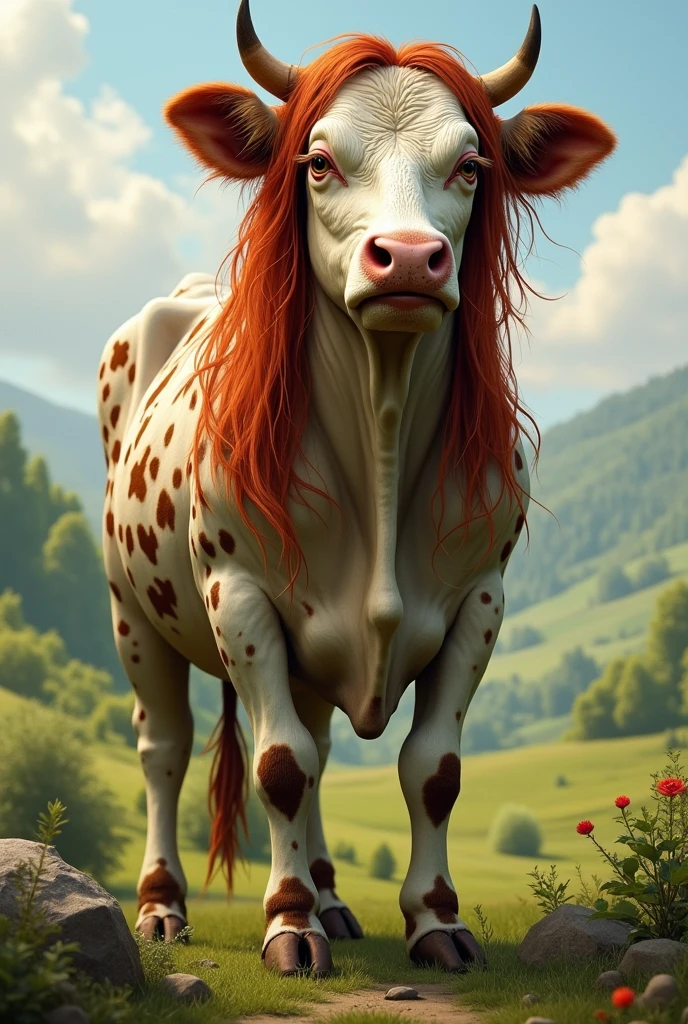 A spotted, old cow mooing and looking like a woman with long red hair.