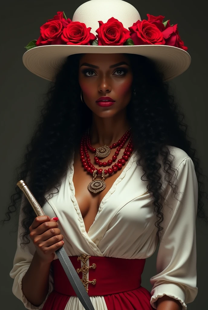 Black mulatto woman with a serious and fierce look, long black curly hair, on her head a white hat with red roses, in her hand a knife, Her white blouse, red and white skirt, on her neck a necklace of red beads, white and gold