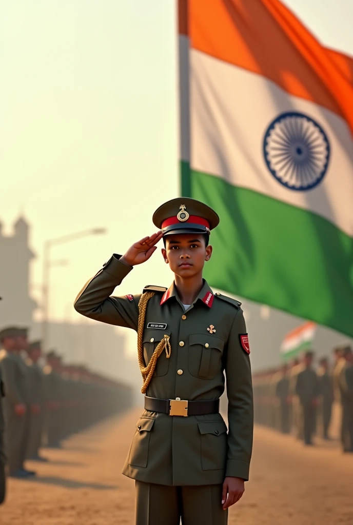 A 8k 4:16 images where is in background india flag colour and written 76th independence day and in fornt a young soldier solutes that flag and the is nearby border