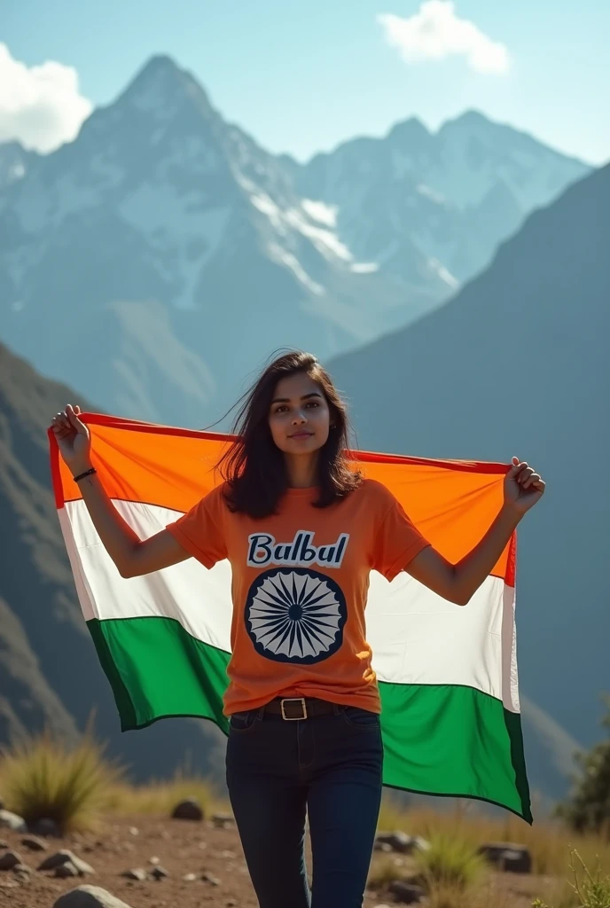 A 20 year girls wearing Indian t shirt with name Bulbul on her t shirt holding Indian flag. She is standing on Mountain hill