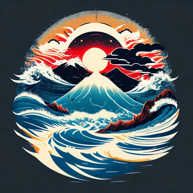 japanese tsunami with sun, center image, tshirt design, vector-art