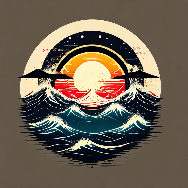 japanese tsunami with sun, center image, tshirt design, vector-art