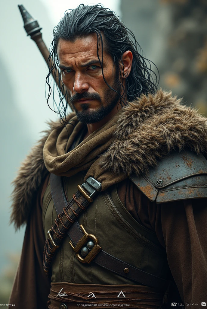 Kael has a refined, yet rugged appearance, with a strong build that reflects his value of strength. He has dark hair with subtle streaks of silver, symbolizing both his wisdom and the battles he's faced. His eyes are a sharp, piercing blue, always observing and calculating. He dresses in a combination of practical armor and earthy-toned robes, indicating his connection to nature and the wilderness. He carries a weapon, perhaps a spear or a sword, that has seen many battle