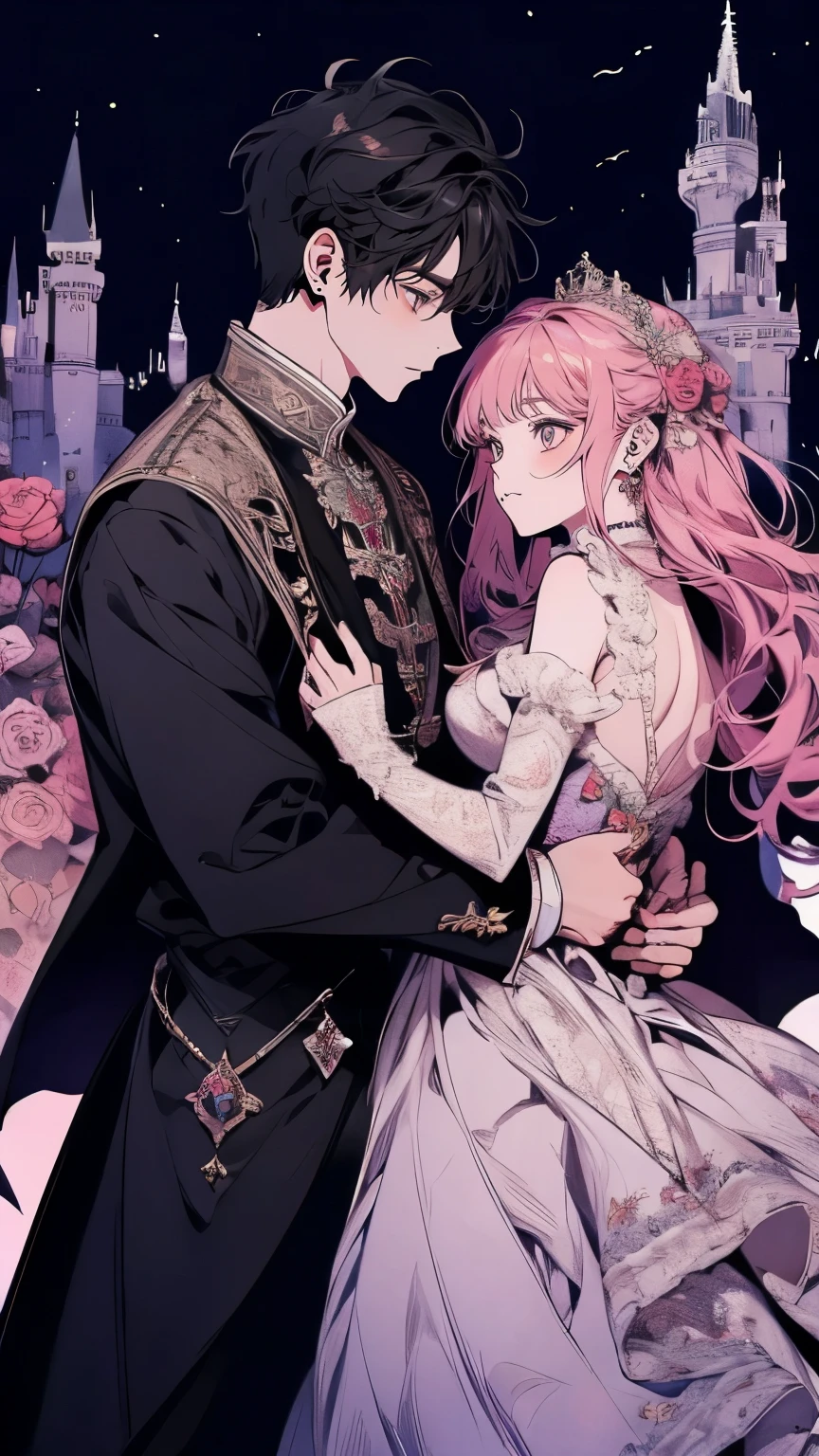 Princess、Prince、rose long dress、Dance、Castle、smile