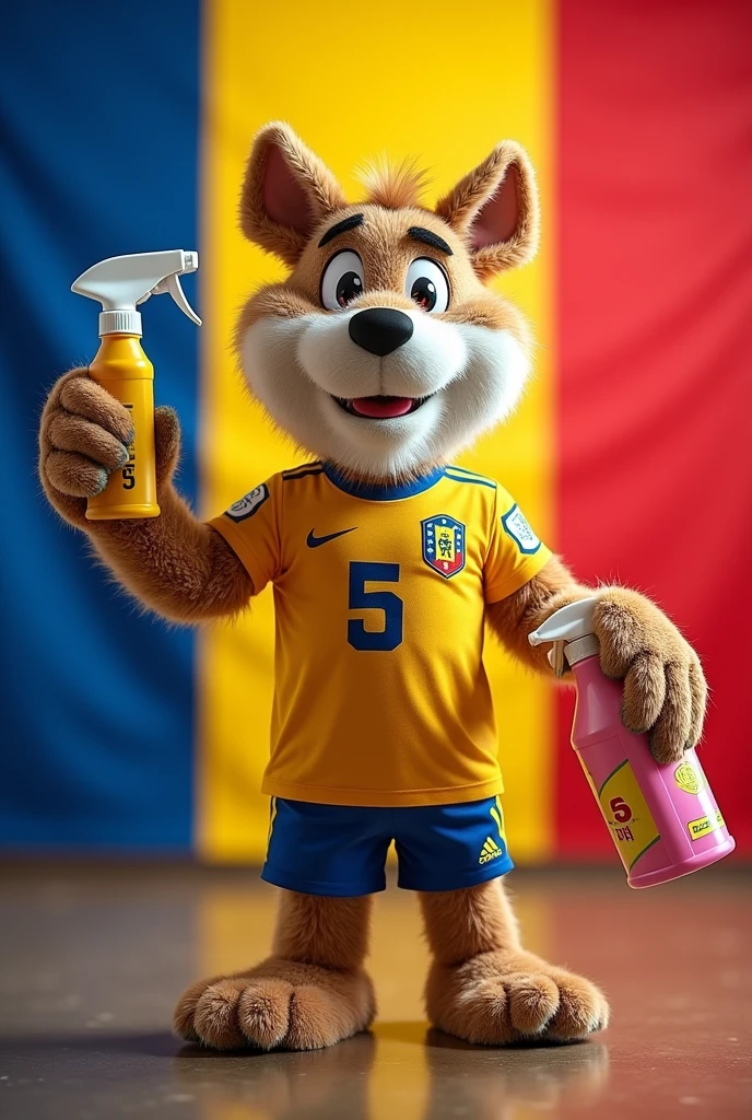 I would like to create an image of the Romanian flag symbolizing cleanliness with the official mascot of the Romanian national team wearing the jersey with the number and the letter 5S printed on the back of the shirt in a caricature style and holding cleaning supplies.