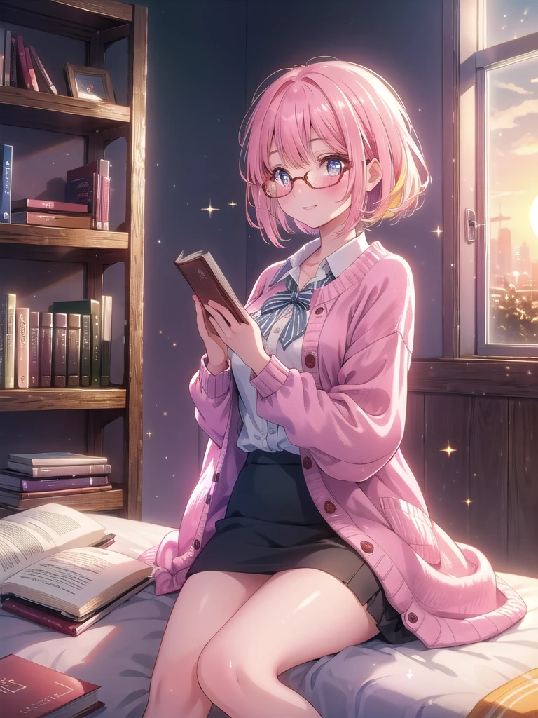 ((8k, Highest quality, masterpiece: 1.3)),Ultra-high resolution,(1 girl, alone), (Color changing eyes, Ultra-detailed, Expressive brilliance, Glitter, Glowing Eyes), Highly detailed eyes, Highly detailed face, Random Hair, ((pastel colour)),A lively young woman with pastel pink hair styled into a neat bob, sitting cross-legged on her bed in her softly lit bedroom during a golden hour evening. She is dressed in a modest yet subtly sexy librarian cosplay, wearing a pencil skirt, a fitted blouse, and stylish glasses. The camera captures her from a side angle as she grins while holding a book, her expression full of warmth and contentment. The room is warmly lit by the setting sun, with books neatly arranged on a nearby shelf, a cozy reading nook, and an inviting, intellectual atmosphere, (nsfw:1.2)