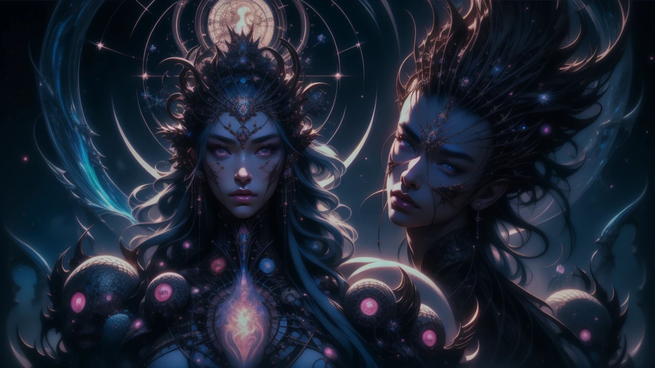 god creating the universe, part by takato yamamoto, part by alex gray, ross tran, james jean, ultra realistic, octane render, highly detailed, 8 k, trending on artstation, cosmic, symmetry, masterpiecea dark skinned and radiant , adorned with stunning 
