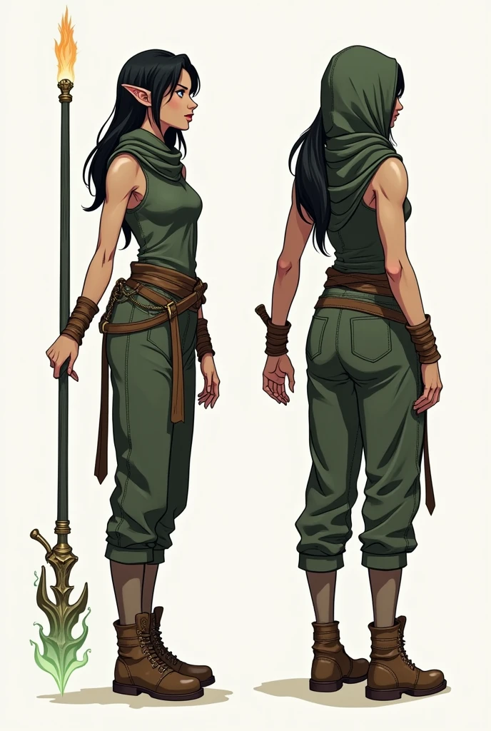 (character sheet),solo, highlighted black hair, baggy pants ,line art , dark green robe, hoodie,3 different angles, highly detailed body parts, elf ears, magic water staff ,brown boots, tall thin female warrior, muscular