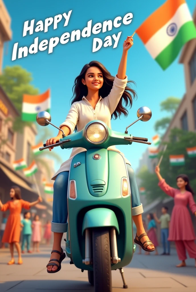 realistic Indian 18 year old girl sitting with scooty Holding Indian flag and celebrating India festival happy independence day with background of blue sky in Indian Street and girl wearing white kurta and jeans with name”Vai...’ style hair on it by the way childrens are holding Indian flag playinga round, some children also playing, and someuncles drinking tea at a shop. also a text written “Happy independence day”at top, 3D art painting real photowith high resolution.
