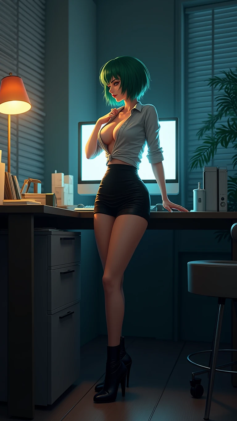 Third person view, standing desk, computer screen, [Vin] a beautiful-looking girl, human, female, 25, short green hair, slim and hot figure, wearing a sexy office suite, micro skirt and high heeled boots. Vin is working late. Vin opens her shirt.