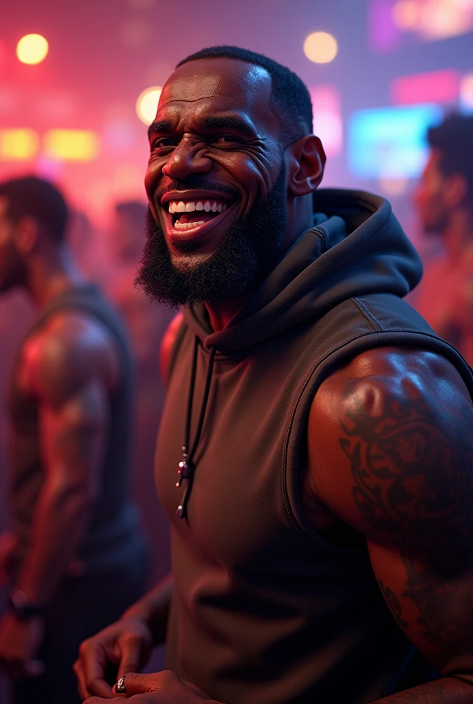 "Create an ultrarealistic image of Lebron James dancing in the club and drunk with textured skin and 4k picture wearing a hoodie "