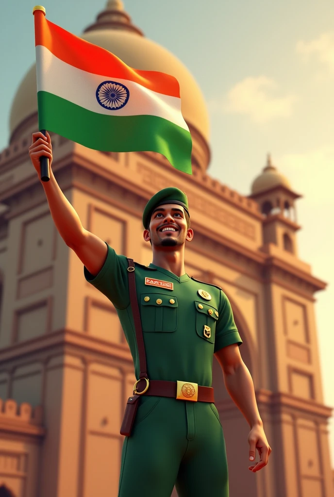 A army boy wearing Indian jersey having Indian flag in hand celebrating 15 August. High quality 3d ai picture