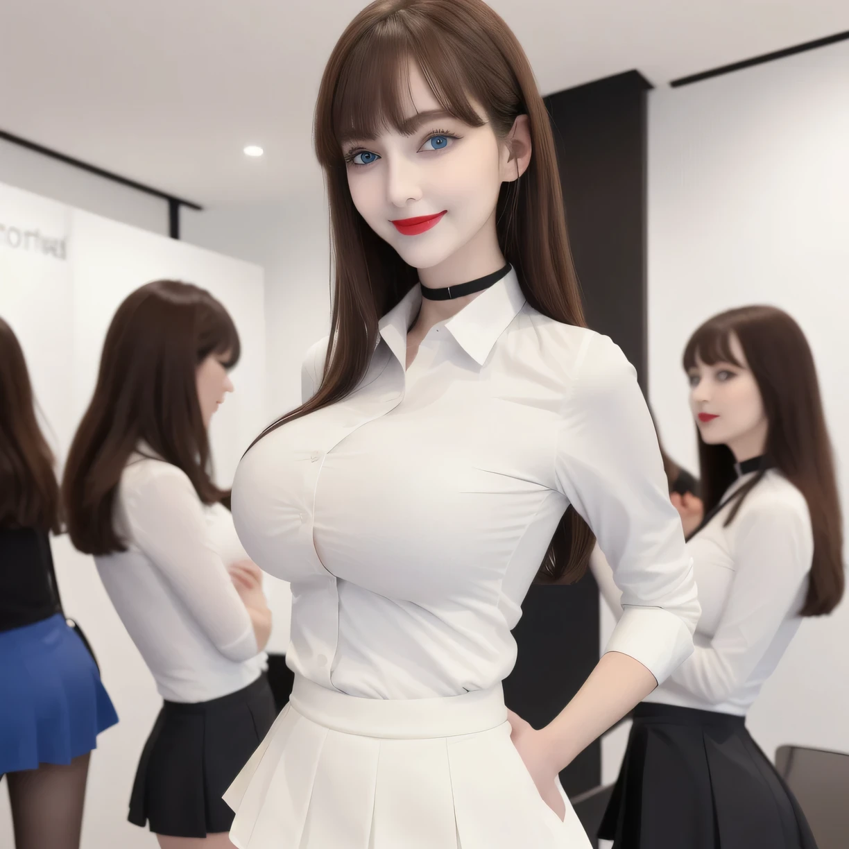 100 Girls,Crowded, Long Hair, Brown Hair, No sleeve, sexy, A line of girls, Girls waiting in line, Girls only, Sisters, ((Tight ivory white shirt、mini skirt)),Full body photo:1.9, Adorable, smile, Slim face, the body is slim, Short Brown Hair, 32K, masterpiece, Best image quality,Ultra-high resolution,Perfect hands,Black choker、blue eyes、bangs、Very lush and long eyelashes, lots of、((Big Breasts)), Dependents, Big Breasts, Red lipstick