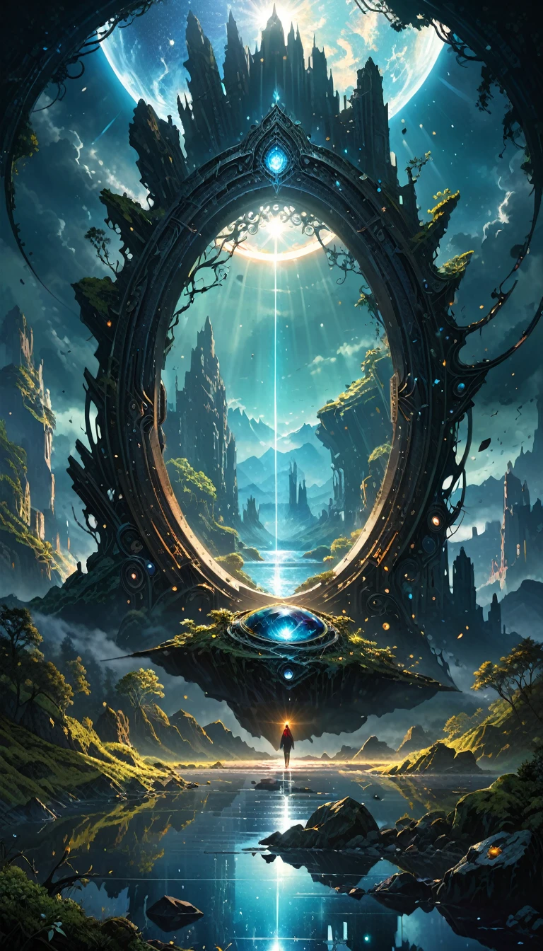 Masterpiece,Best Quality,Hyper Detailed,Cinematic Light,Intricate Detail,Highres,Official Art,Finely Detailed,High Resolution Illustration,8k,Lens Flare,Light Particles,Dark Intense Shadows,Particles,Detailed Background,Detailed Glow,Detailed Reflection,Detailed,Mysterious Landscape Photography, Incredible futuristic images appear on the Miracle Stone, shadowy, atmospheric, dark colors,Aaron Horkey's painting depicting,powerful portal to another world,