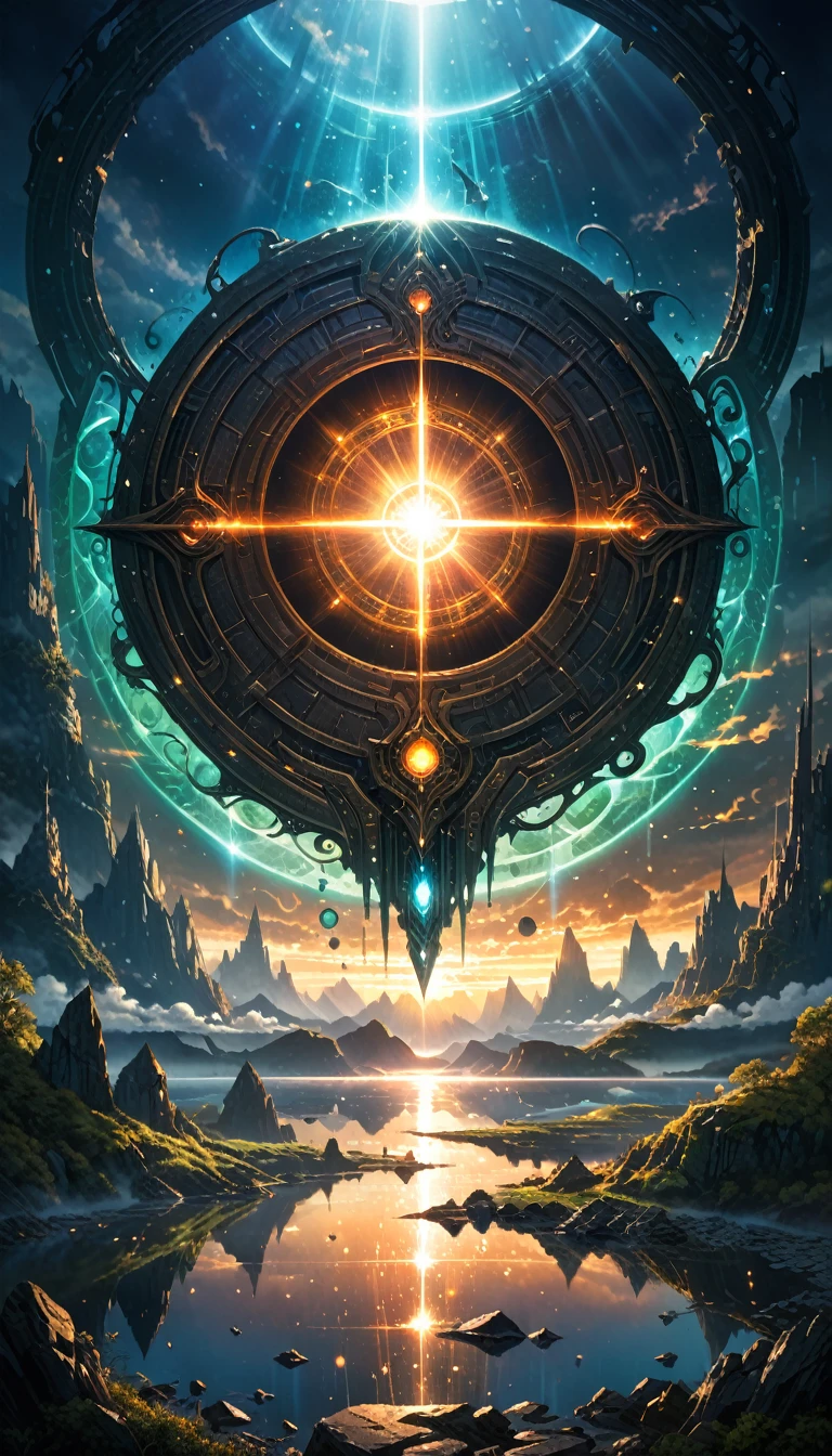 Masterpiece,Best Quality,Hyper Detailed,Cinematic Light,Intricate Detail,Highres,Official Art,Finely Detailed,High Resolution Illustration,8k,Lens Flare,Light Particles,Dark Intense Shadows,Particles,Detailed Background,Detailed Glow,Detailed Reflection,Detailed,Mysterious Landscape Photography, Incredible futuristic images appear on the Miracle Stone, shadowy, atmospheric, dark colors,Aaron Horkey's painting depicting,powerful portal to another world,