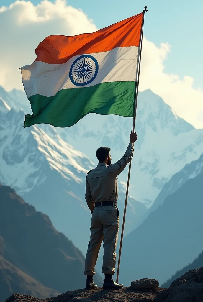 A Men saluting indian flag with a background of indian flag on independence day with background of himalayas and snow showing his body