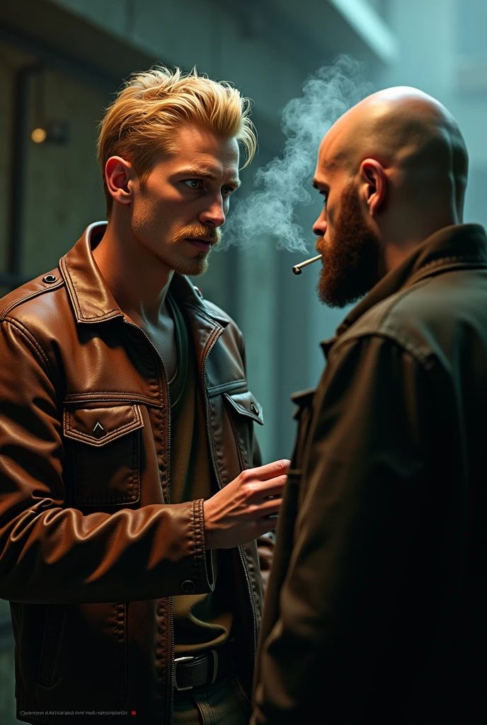 A blond man with green eyes wearing a leather jacket is teaching another bald man to smoke.