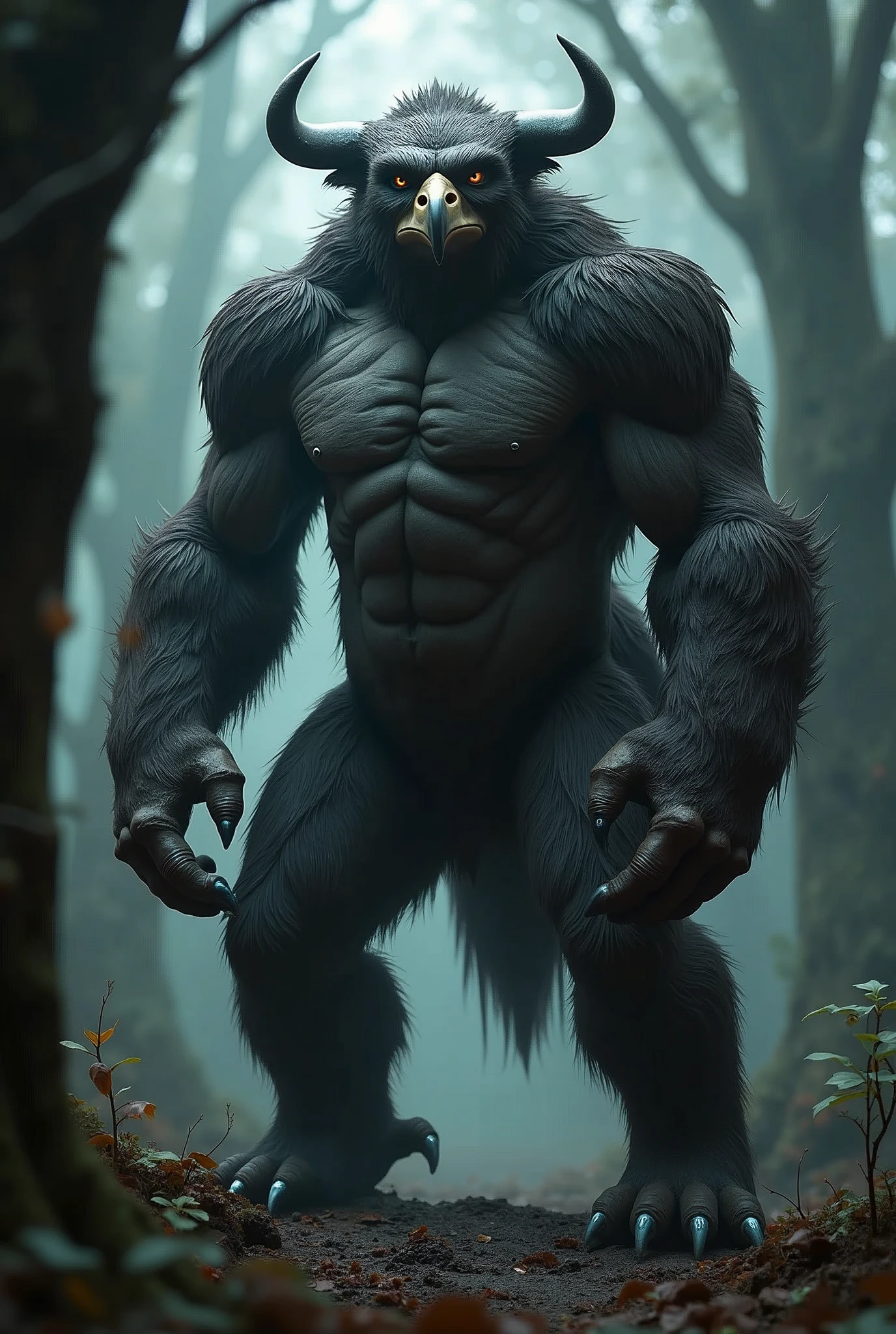 a fierce minotaur with the body of a gorilla and the face of a falcon, muscular and powerful, standing in a dark, mystical forest, (best quality,4k,8k,highres,masterpiece:1.2),ultra-detailed,(realistic,photorealistic,photo-realistic:1.37),hdr,studio lighting,extremely detailed face and anatomy,intricate details,dramatic lighting,moody atmosphere,dynamic pose,gritty realism,dark fantasy,cinematic composition
