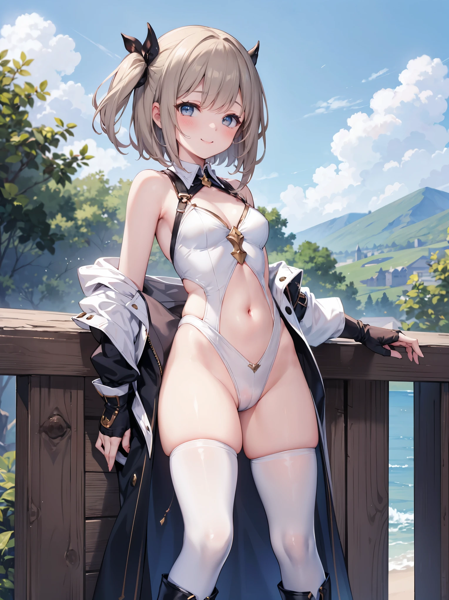 GRANBLUEfantasy,ung_teeirl,brown_hair,medium_bob_hair,platina_blond_hair,white_leotard,covered_crotch,thigh-highs,smile,standing,bluesky_landscape_background,slightly_spread_legs,happiness, short_gloves ,solo, navel,relicbuster,short,boots, blank_face,sitting,knees,blush,shy,piledriver,(crotch:1.3)