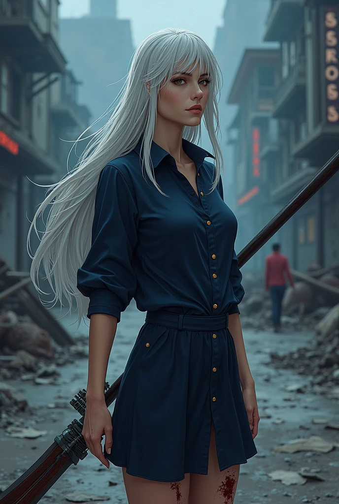 (anime, jujutsu kaisen:1.2), adult woman, wearing loose deep navy shirt, deep navy shirt with golden button, a deep navy fitted skirt, platinum hair, tanned skin, extremely long hair, black eyes, relaxed pose, strong and stoic expression, holding a spear, image shot from her side, detailed face, blood splattered across her clothes, monsters in background, broken city in background, cold colors, night sky.
