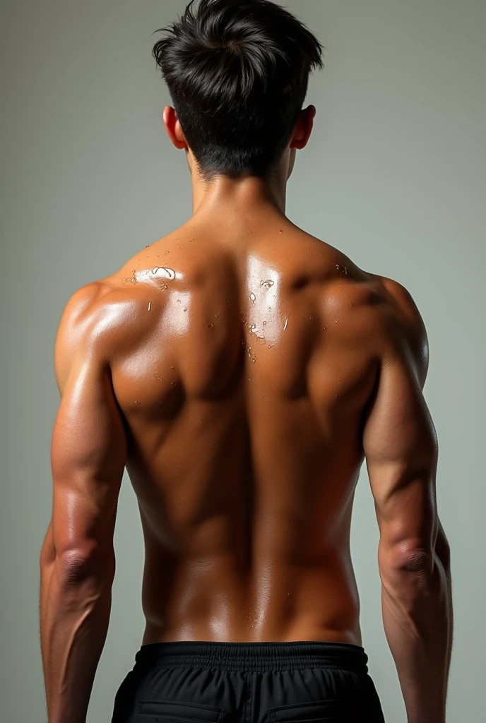 Shirtless boy with sweat dripping down his back