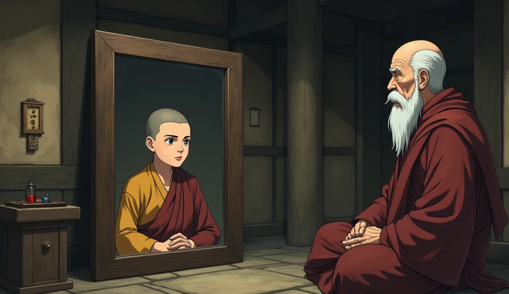 Young monk student looking at dirty mirror, old fat monk master with him, in a room, in anime style,