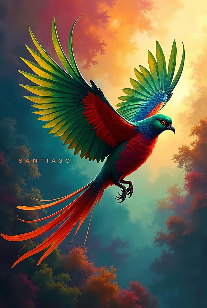 
(photorealism: 1.2), Guatemalan quetzal flying with ABSTRACT COLORS background
and letters SANTIAGO