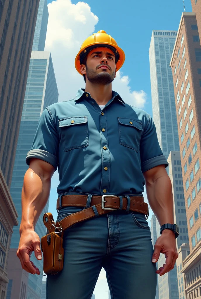 (photorealism:1.2), Images with a background of buildings and an image of a male worker outdoors in a business drawing.