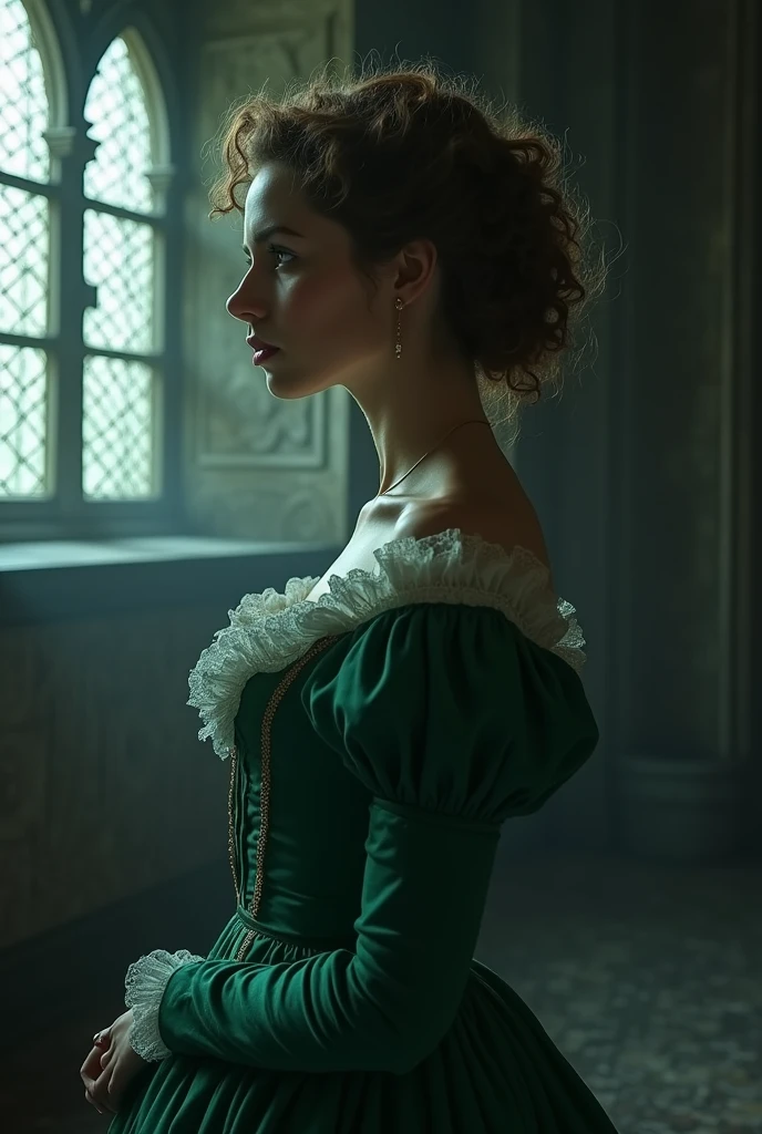 A Victorian woman, a lady, human. She has brown hair and it's curly but without much volume. She wears a jade green colored dress out of the 1721, a bit English touched. It's for my vampire novel so it should have a dark touch.
Right now, her back is turned to the camera, so we only see her side profile while she looks out of a dark window of a castle.
Make it more look like a book cover for a vampire novel.
She's human, but the atmosphere is dark.