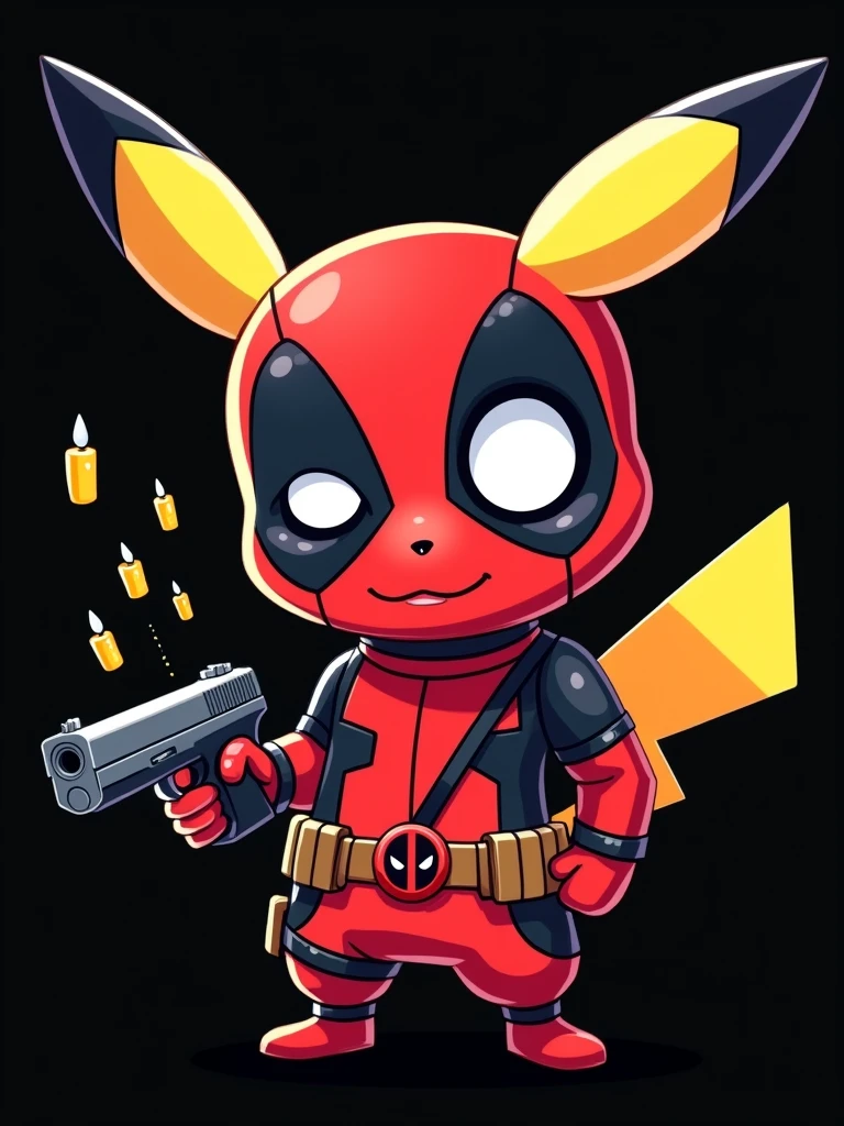 Digital illustration featuring a character that is a hybrid of Pikachu and Deadpool. The character has Pikachu's iconic yellow ears and tail, but they are colored red and black to match Deadpool's costume. The character is wearing a red and black suit with a utility belt and is holding a gun in one hand, with bullets flying out of it. The background is solid black, making the character stand out prominently. The character's eyes are large and white, with no visible pupils, and it has a mischievous expression. The overall style is cartoonish and playful, combining elements of both characters in a unique and humorous way.