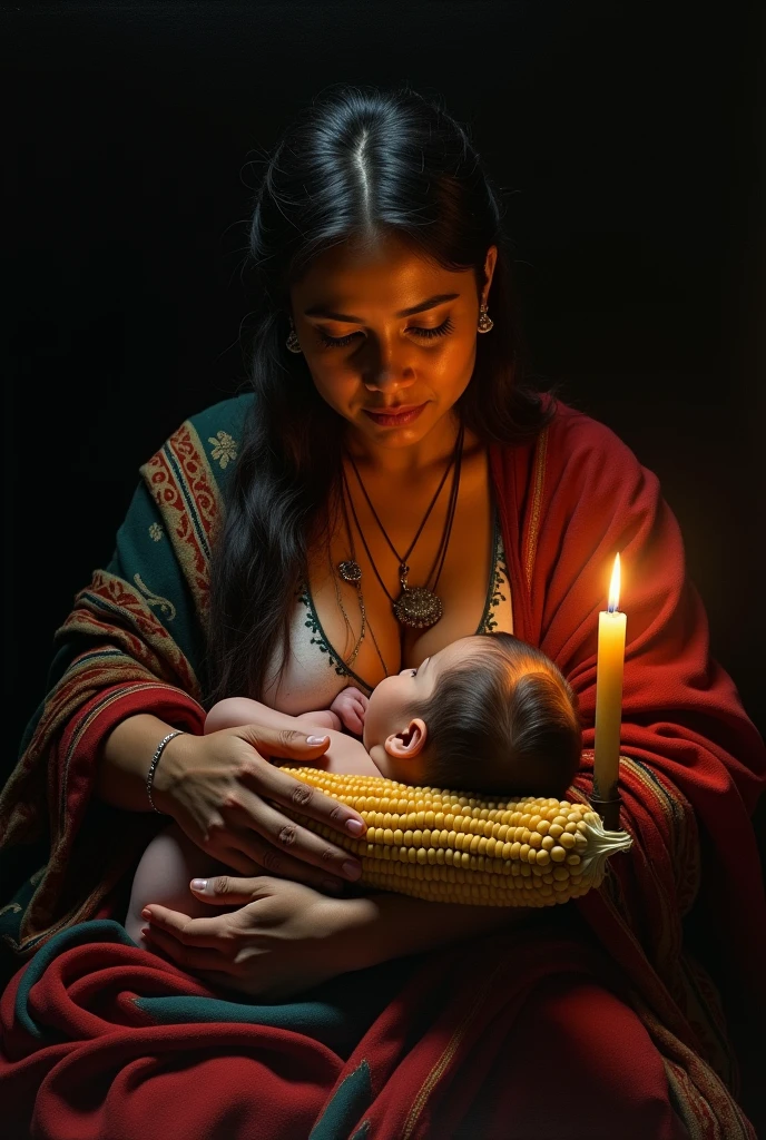 masterpiece, style photo by uman damle, clear obscure, realist, Black background, Caravaggio, Mexican Mayan indigenous woman with an embroidered huipil, sitting on a rebozo, breastfeeding their , and held a corn cob, illuminated by a candle, old painting style, Renaissance people, uman damle,