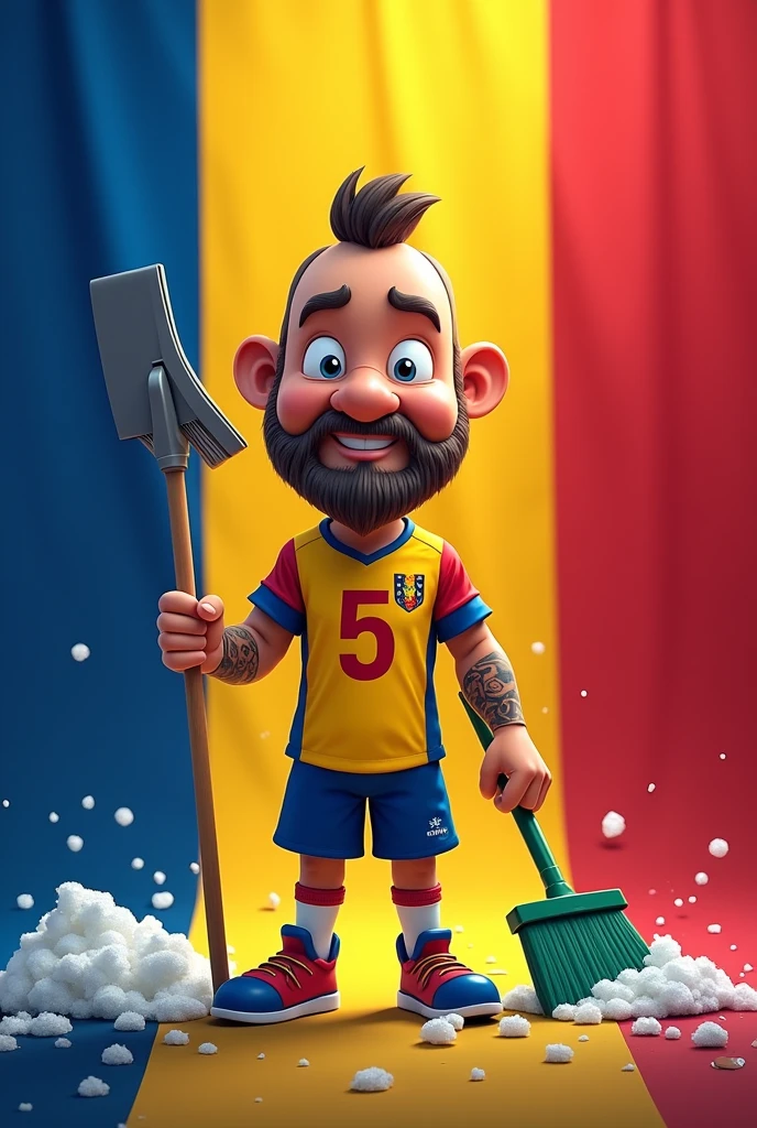 I wanted to create an image of the Romanian flag symbolizing cleanliness with the official mascot of the Romanian national team wearing the jersey with the number and letter 5S printed on the back in a caricatured way and holding cleaning utensils as if he was going into battle.