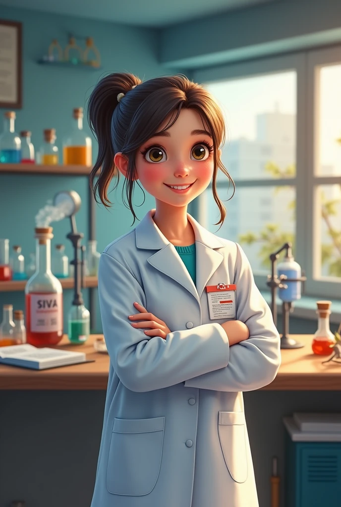 A girl dressed in a scientist&#39;s coat in a laboratory saying: "I am a teacher".