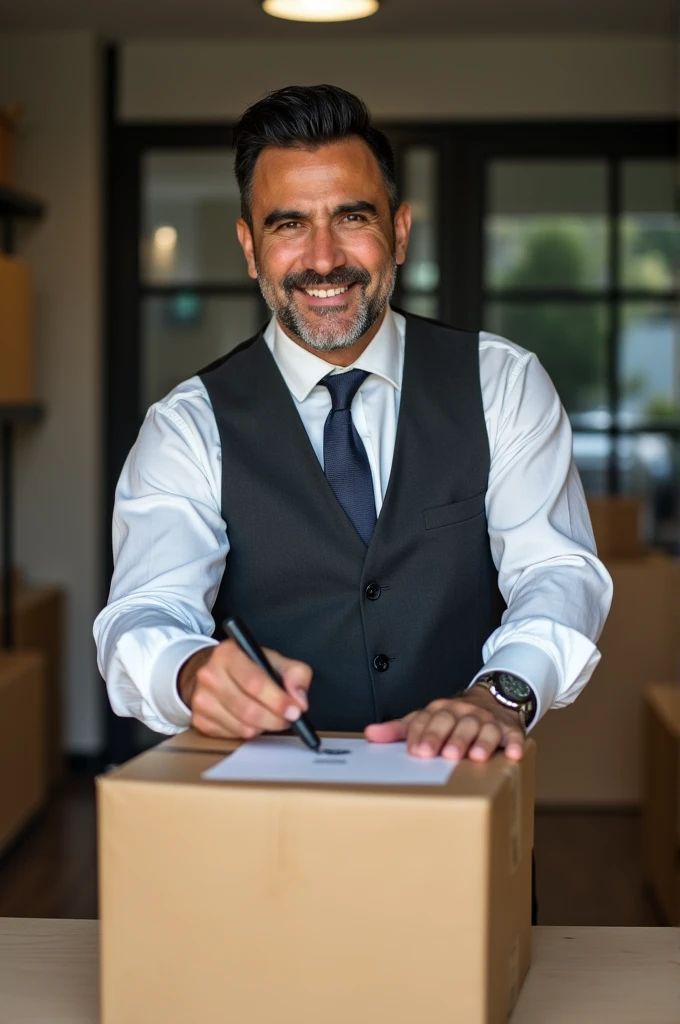 Handsome Mexican man marking a package