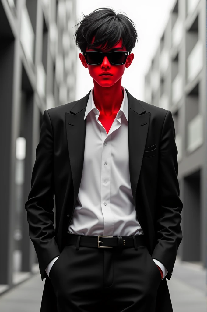 A boy wearing white shirt black coat and pant full red face and wearing black sunglasses