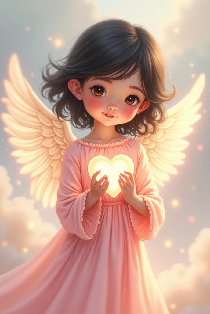 Drawing of a child angel with pink robes, dark hair and light skin holding a heart 