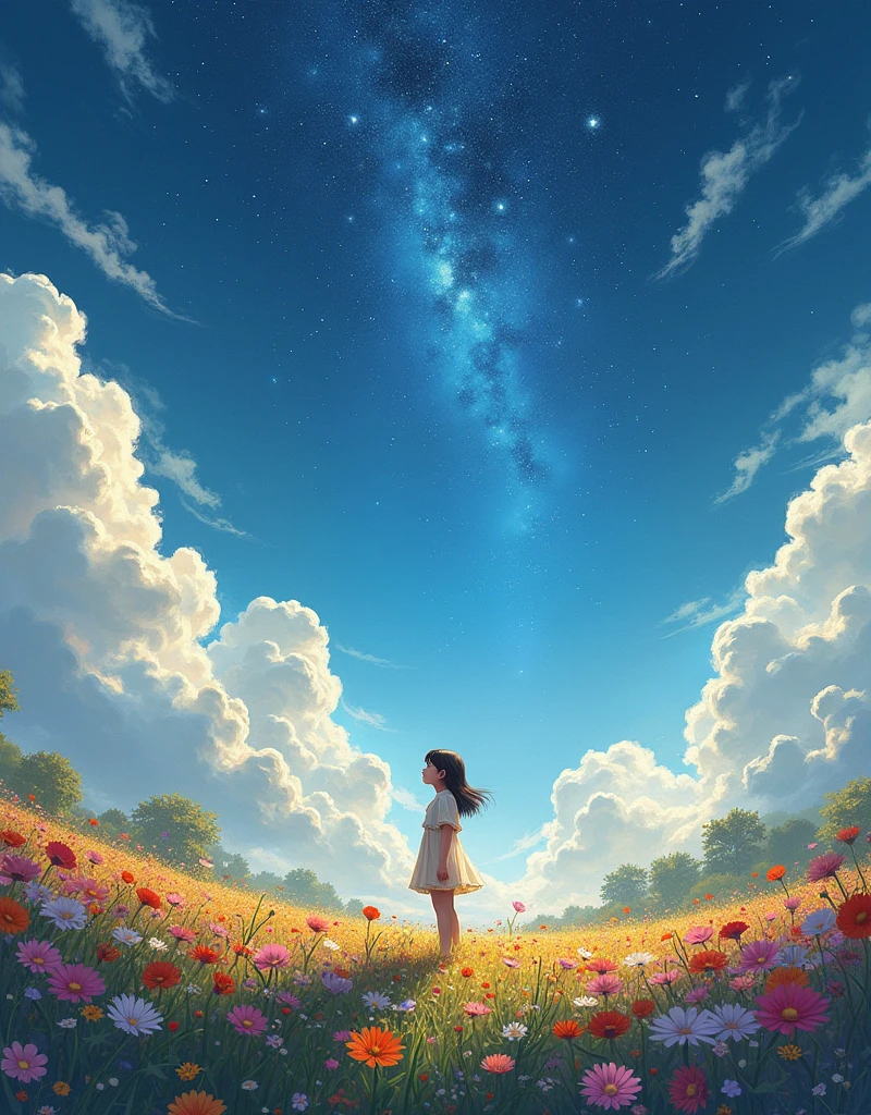 There is a girl standing in a flower field looking up at the sky, a girl standing in a flower field, a girl walking in a flower field, lost in a dreamy wonderland, standing in a flower field, fantastic digital painting, the sky gradually clears, the starry sky gradually recedes