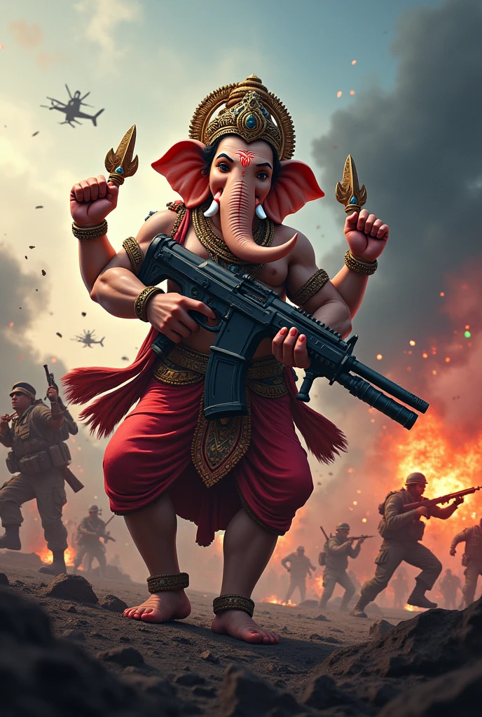 king Ganesh god who is in the war field holding a Heavy machine gun with a background of solider where fighting with enemies . The theme of the image is Red and blue full of gun fires