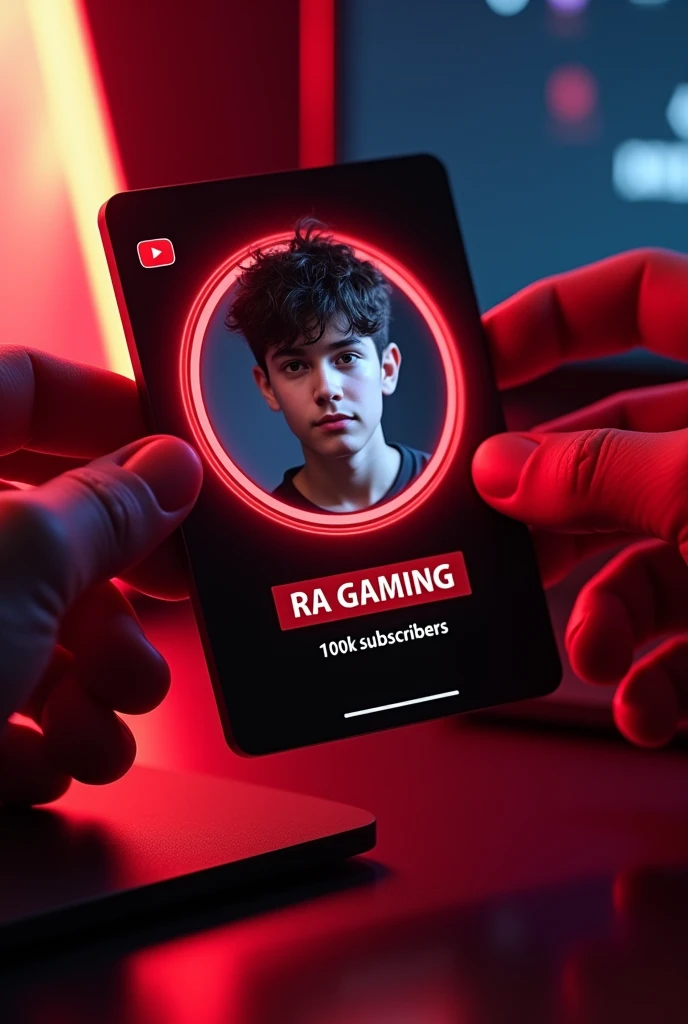 Create a youtube profile on glass id card on a Black desk displaying youtube logo and realistic profile photo of a age BOY in circle and "RA GAMEING" is written in bold fonts under the profile photo and 100k subscribes written, the youtube card is glowing in red color on the edge, One corner is held with two fingers..