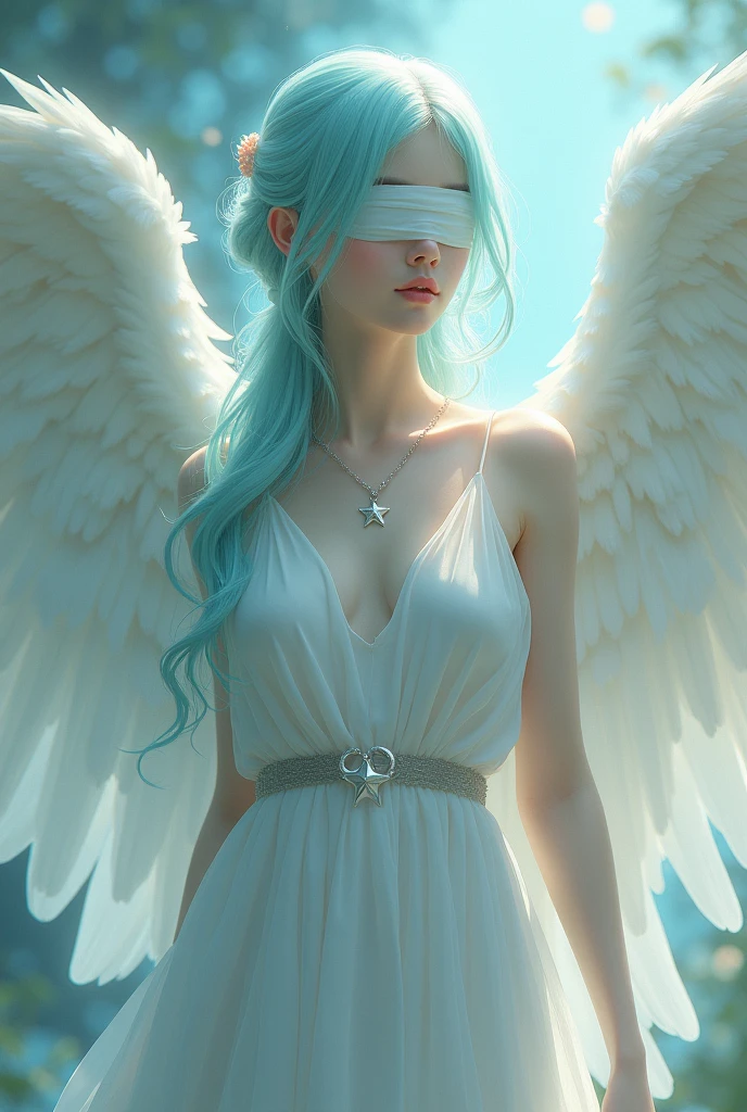 Generate an angel with light cyan hair tied back in a half up half down hair style, a blindfold and a Silver necklace in thr shape of a star, with very COVERING dress that goes down tit he floor. 