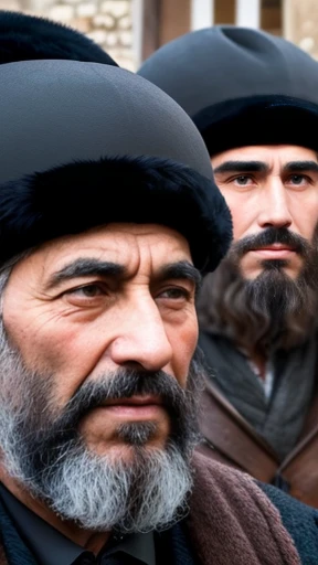  A group of biblical Jewish men with dark fur hats in a village. facefocus 