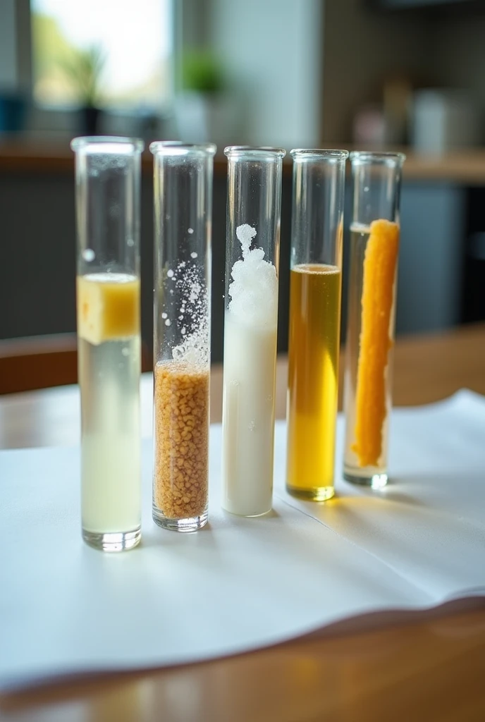 6 test tubes on top of a kitchen table , on top of a piece of paper , each tube with a drop of Lugol, in tube 1 with a little piece of banana,in tube 2 with a little piece of potato, in tube 3 a pinch of sugar, in tube 4 a little piece of bread, in tube 5 a few grams of rice, in tube 6 a little piece of noodle , each one with its respective chemical reaction