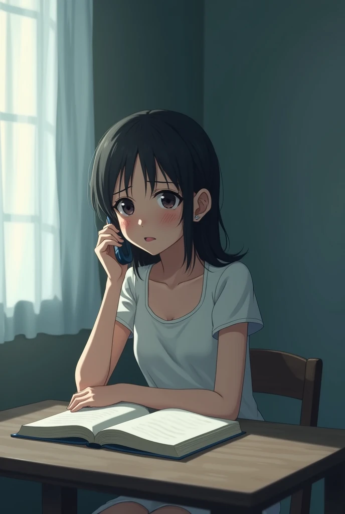 Anime girl, 1 girl image, 9:16, crying, talking on phone call, sit on the chair with table, on the table opened a book