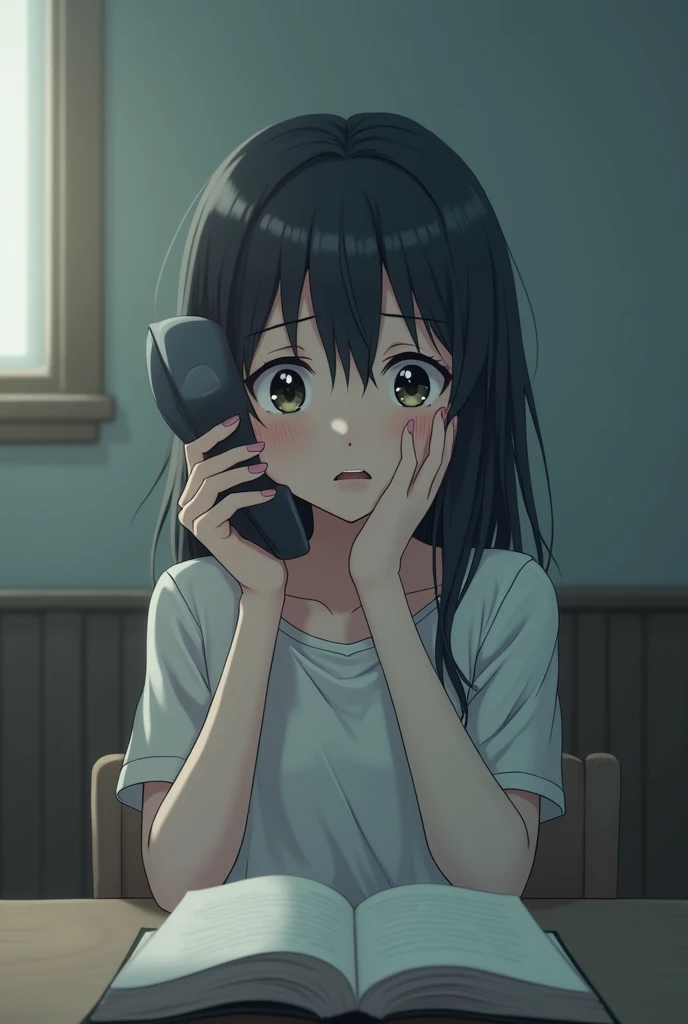 Anime girl, 1 girl image, 9:16, crying, talking on phone call, sit on the chair with table, on the table opened a book