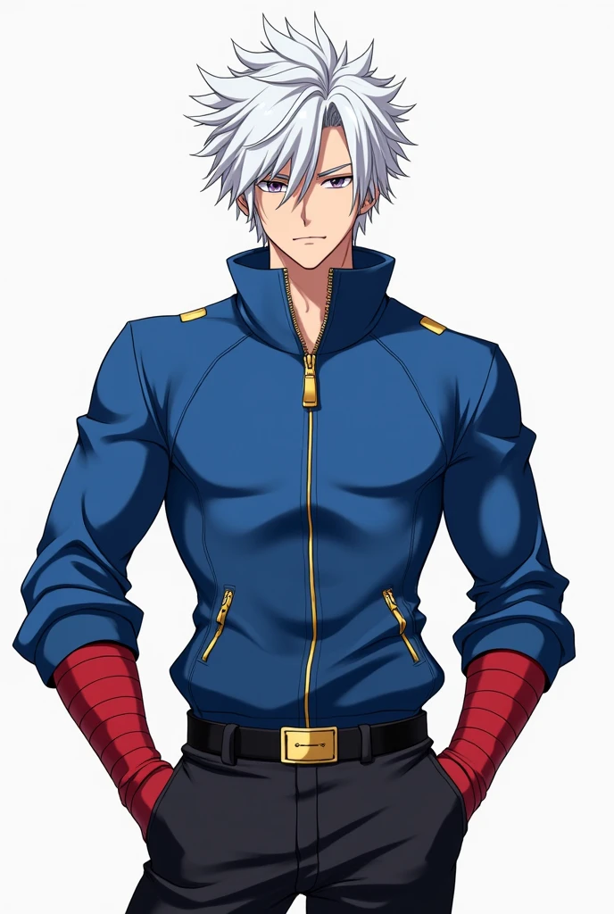 He's an anime male character with an athletic physique, wearing a modern and stylish fitted blue jacket with long sleeves. The fabric resembles a collar, and it has gold details on the zipper. There are slight red bands on his arms that cover the entire forearm, leaving only the fingers invisible. He wears black pants with a gold belt and has spiky white hair with two strands as bangs.