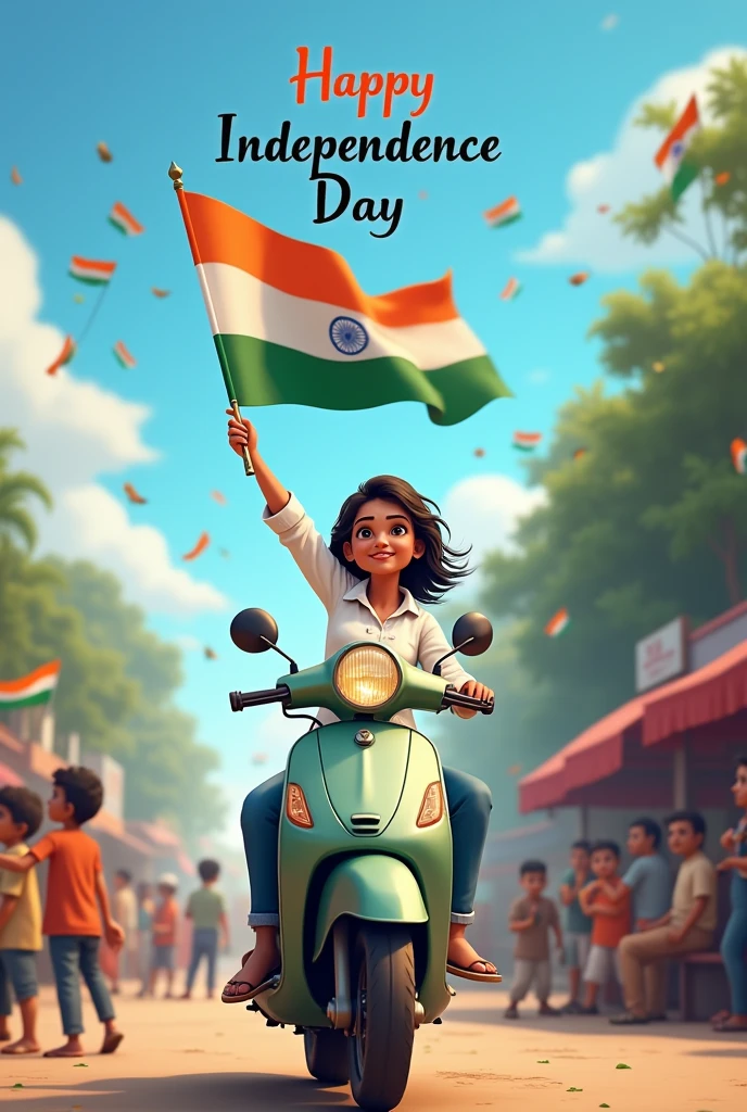 realistic Indian 18 year old girl sitting with scooty Holding Indian flag and celebrating India festival happy independence day with background of blue sky in Indian Street and girl wearing white kurta and jeans with name”Vai...’ style hair on it by the way childrens are holding Indian flag playinga round, some children also playing, and someuncles drinking tea at a shop. also a text written “Happy independence day”at top, 3D art painting real photowith high resolution.