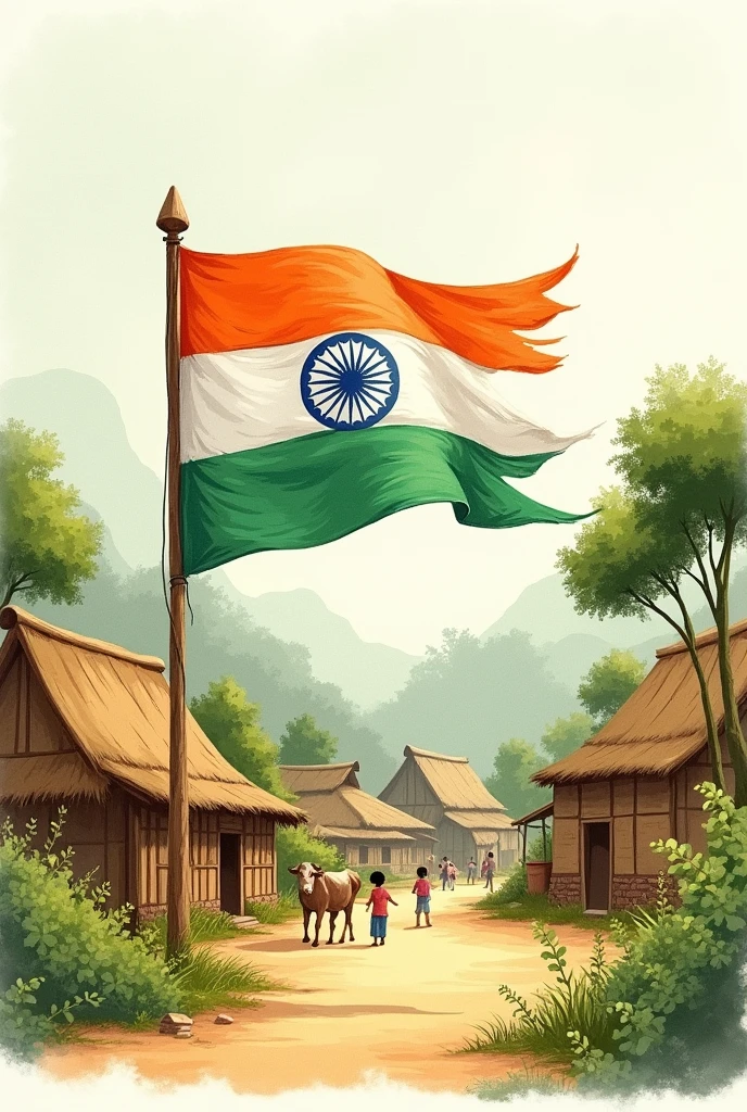 India flag drawings by hand easy with village theme, note : the should look like drawn with hand